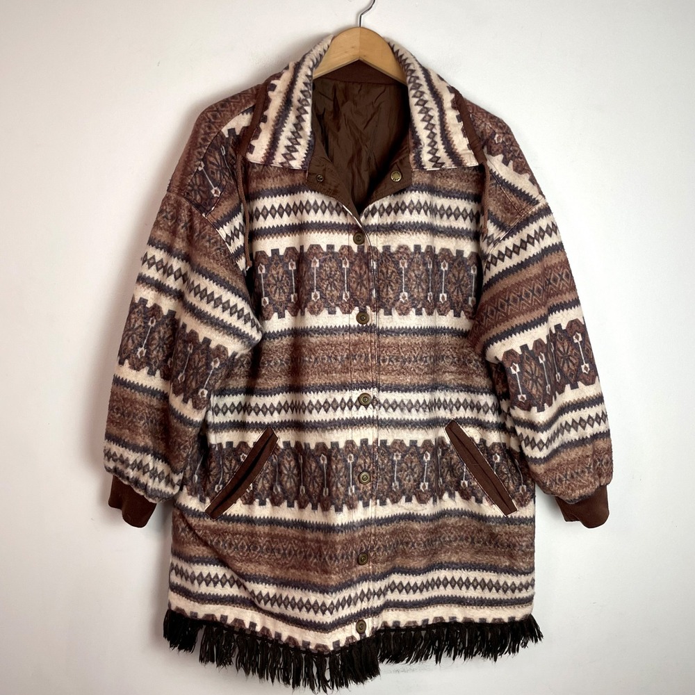 Vintage Reversible Southwestern Fringe Windbreaker Jacket Brown 1X Slouchy